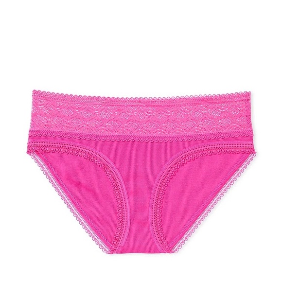Victoria's Secret Lace Waist Ribbed Cotton Hiphugger Panty Pink Medium NEW - Picture 6 of 6